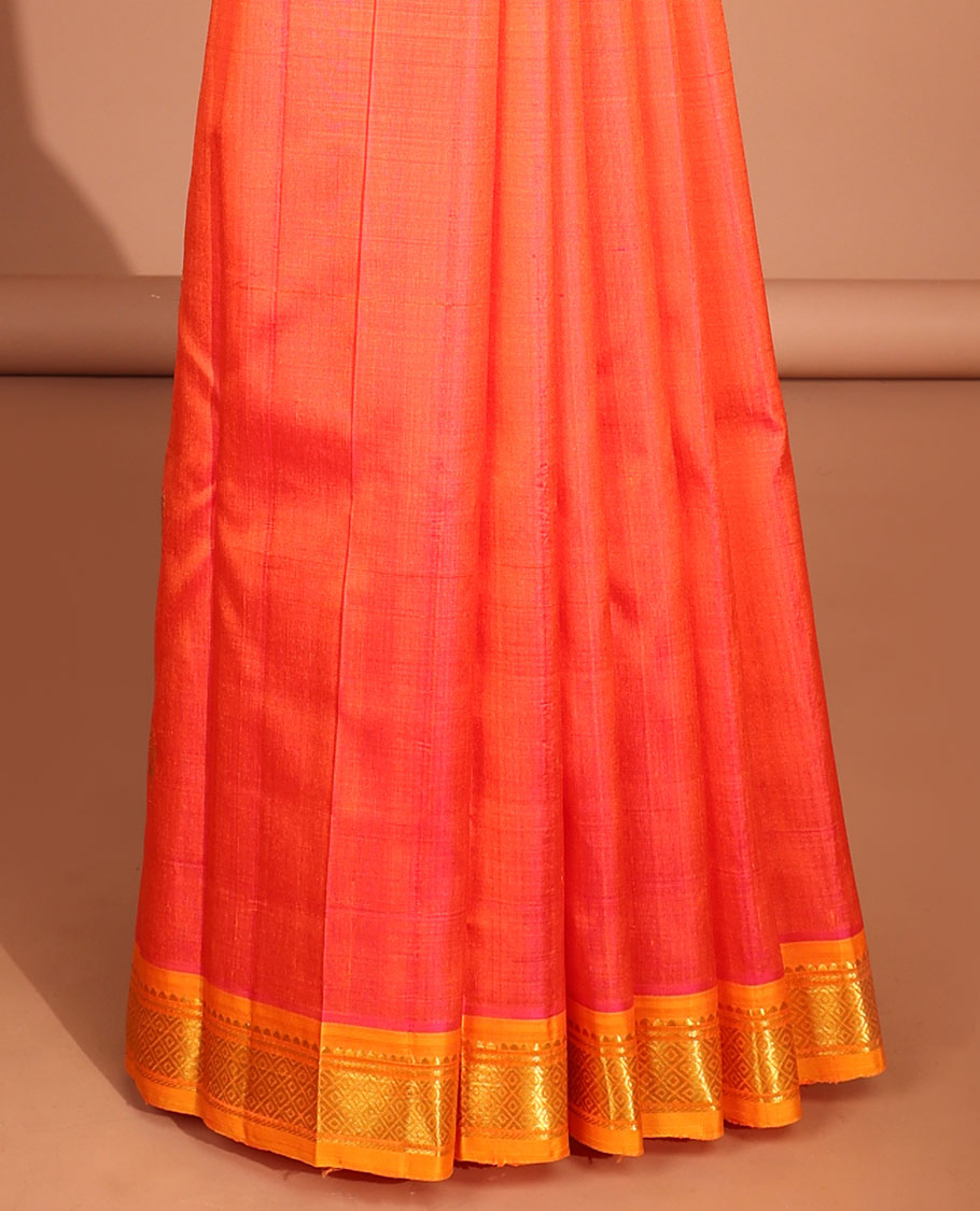 Orange floral buttas kancheepuram silk saree with contrast border of rekku,banaras , jaal designs & striped,floral buttas pallu