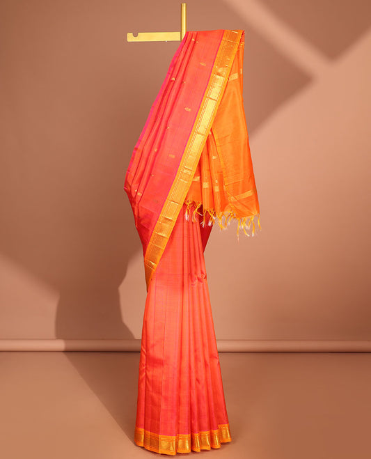 Orange floral buttas kancheepuram silk saree with contrast border of rekku,banaras , jaal designs & striped,floral buttas pallu