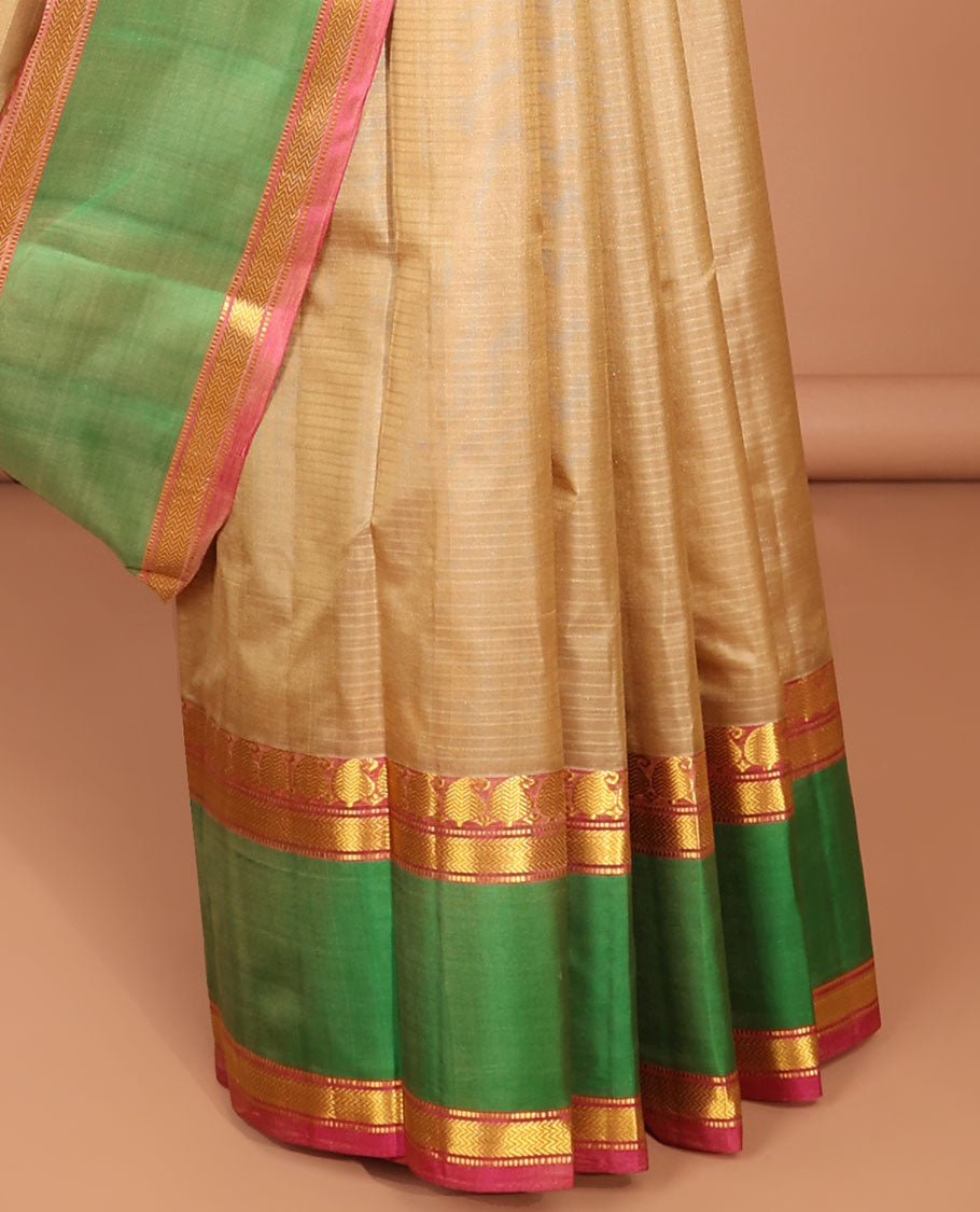 Sandal kancheepuram silk saree with contrast border of manga, banaras, checked, muthu designs & zari design pallu
