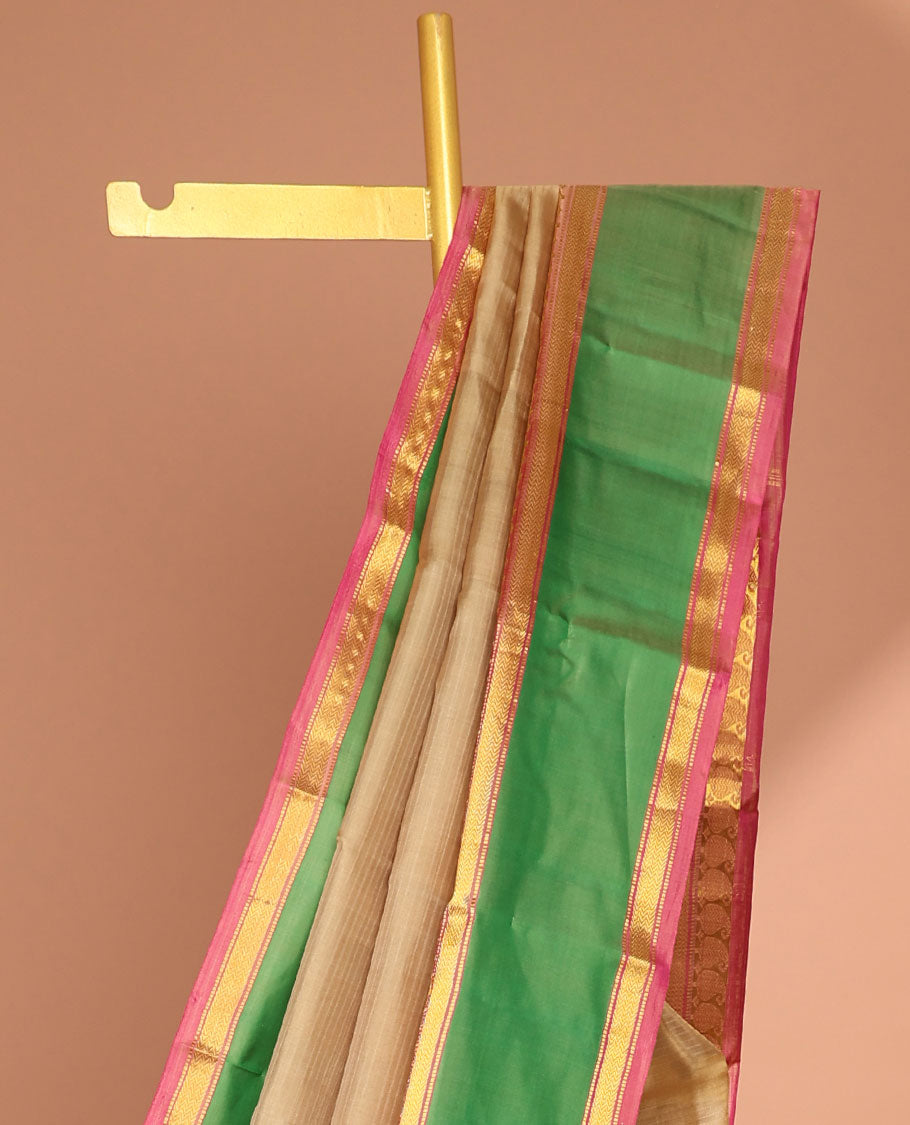 Sandal kancheepuram silk saree with contrast border of manga, banaras, checked, muthu designs & zari design pallu