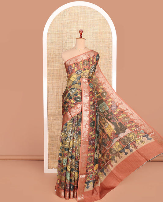 Green and Orange Semi-Tussar Saree Embellished with Kalamkari-Style Floral Vine Print, Complemented by a Contrast Zari Border, Pallu Featuring Radha Krishna and Pichwai Cows, and Paired with a Contrast Blouse