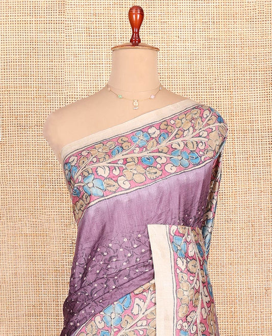 Purple Semi-Tussar Saree Highlighted by Bandhani Dots, Complemented by a Contrast Kalamkari Floral Creeper Printed with Kantha Work Border, Pallu Featuring Floral Print Kantha Work, and Paired with a Contrast Printed Blouse