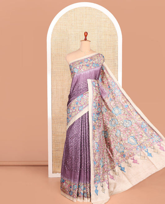 Purple Semi-Tussar Saree Highlighted by Bandhani Dots, Complemented by a Contrast Kalamkari Floral Creeper Printed with Kantha Work Border, Pallu Featuring Floral Print Kantha Work, and Paired with a Contrast Printed Blouse