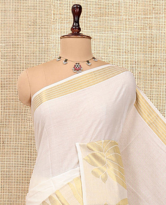 Cream Plain Kerala Cotton Saree