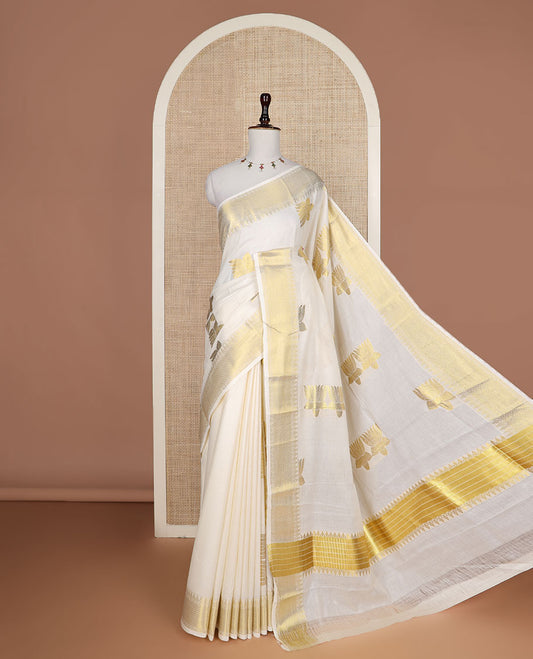 Cream zari Pichwai lotus buttas Kerala saree, traditional zari temple border, and pallu of zari designs
