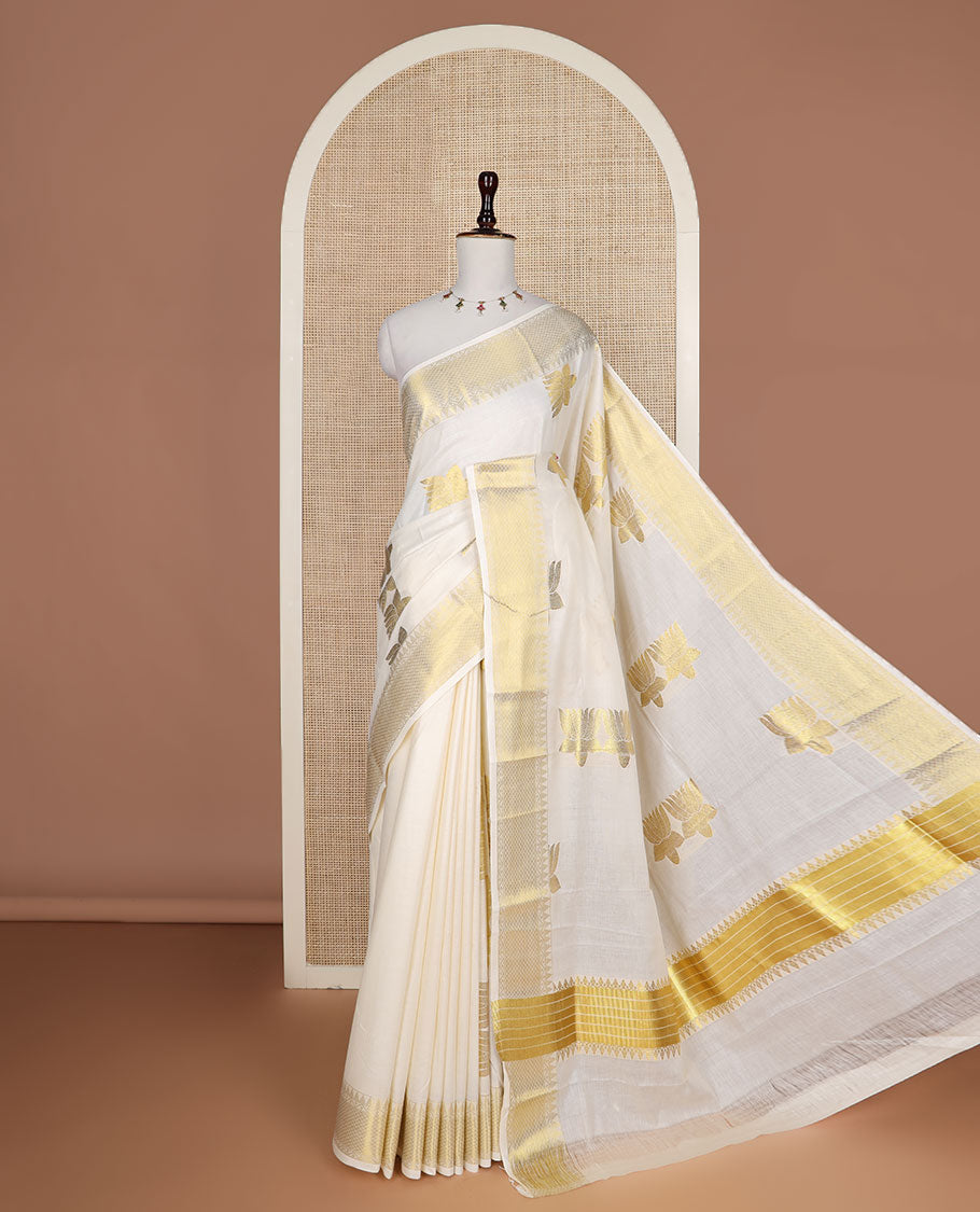 Cream zari Pichwai lotus buttas Kerala saree, traditional zari temple border, and pallu of zari designs
