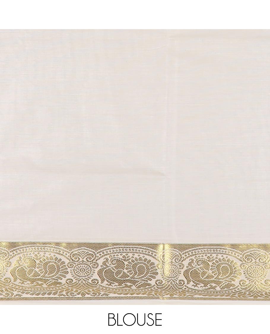 Cream hand brush painting Kerala cotton saree, zari and painting style border, and hand brush painting pallu