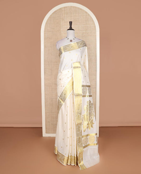 Cream hand brush painting Kerala cotton saree, zari and painting style border, and hand brush painting pallu