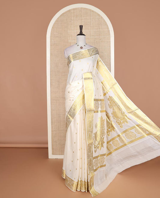 Cream hand brush painting Kerala cotton saree, zari and painting style border, and hand brush painting pallu