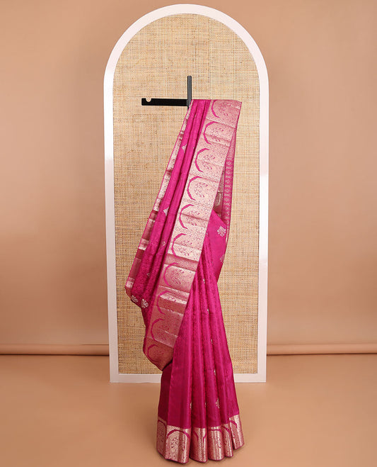 Magenta floral jacquard kancheepuram silk saree with self floral intricate border &striped, floral design pallu