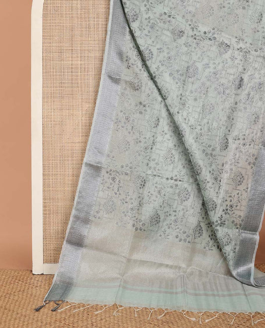 Pastel green floral vine & geometric design fancy kota saree, geometric design border & striped pallu