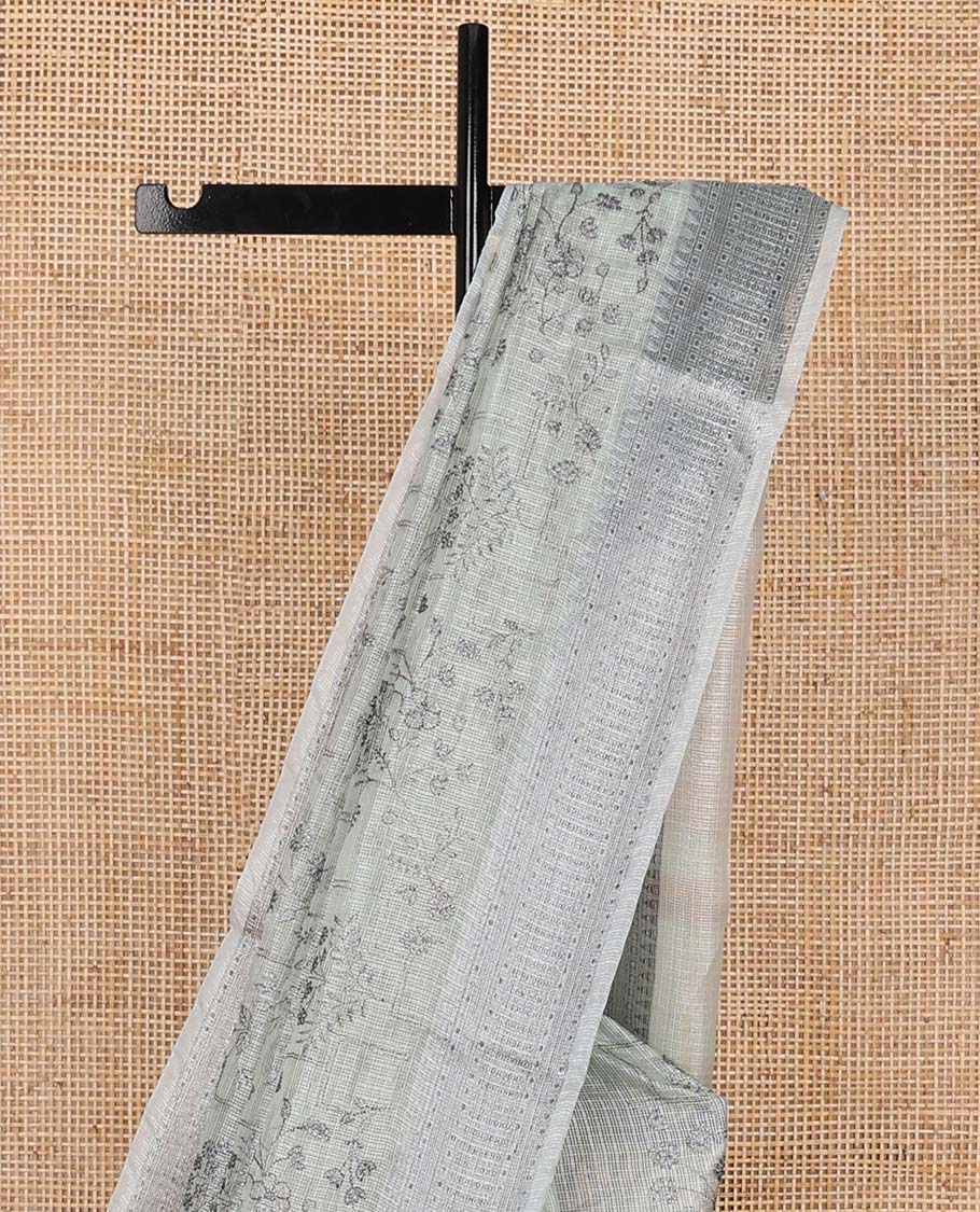 Pastel green floral vine & geometric design fancy kota saree, geometric design border & striped pallu