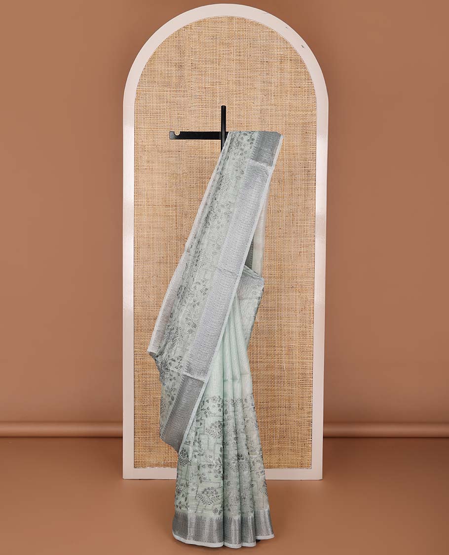Pastel green floral vine & geometric design fancy kota saree, geometric design border & striped pallu