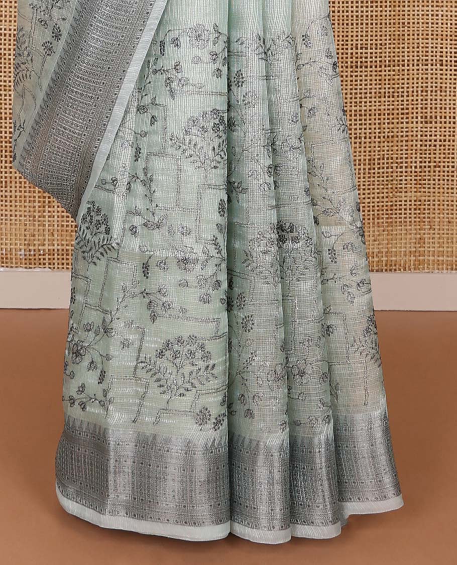 Pastel green floral vine & geometric design fancy kota saree, geometric design border & striped pallu