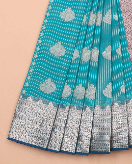 Blue checked, leaf design kora cotton saree with contrast zari design border & argyle design pallu