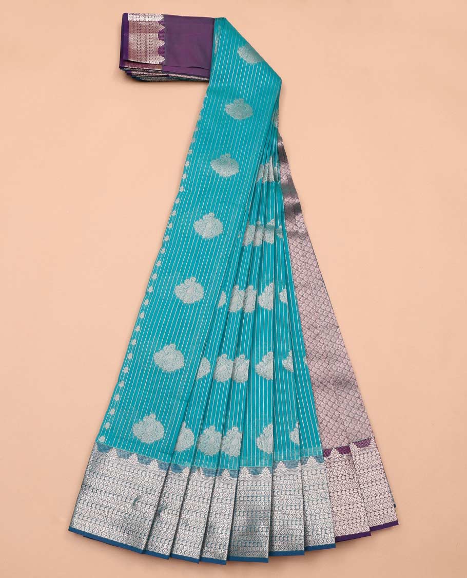 Blue checked, leaf design kora cotton saree with contrast zari design border & argyle design pallu