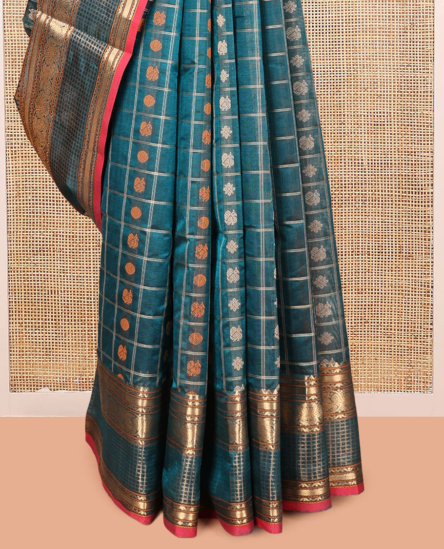 Blue Kuppadam Silk Saree, Finely Crafted with Butta Enclosed Checks, a Traditional Zari Border, Pallu of Temple Designs, and a Matching Blouse