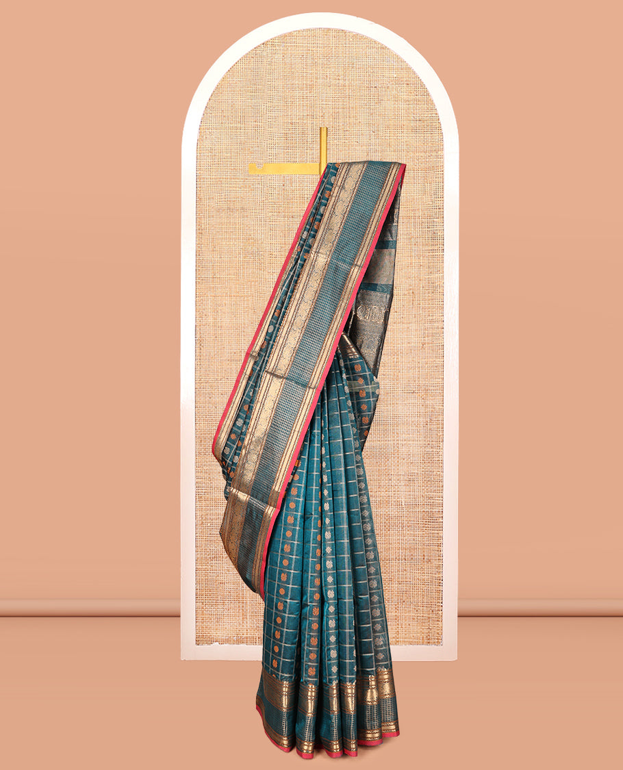 Blue Kuppadam Silk Saree, Finely Crafted with Butta Enclosed Checks, a Traditional Zari Border, Pallu of Temple Designs, and a Matching Blouse