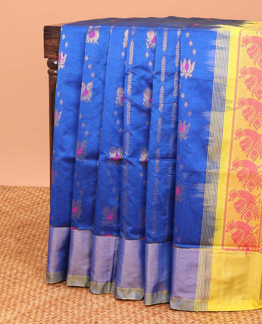 Blue kuppadam silk saree with peacock buttas, plain border & contrast pallu of floral designs