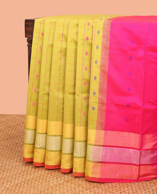 Green checked kuppadam cotton saree with buttas, contrast border & pallu of zari designs