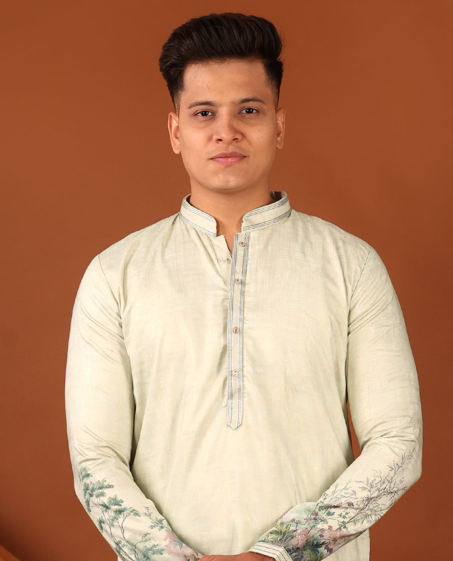 Pastal Green Tropical-Floral-Themed Digital Printed Full-Sleeved Men's Kurta, Comes with Pants