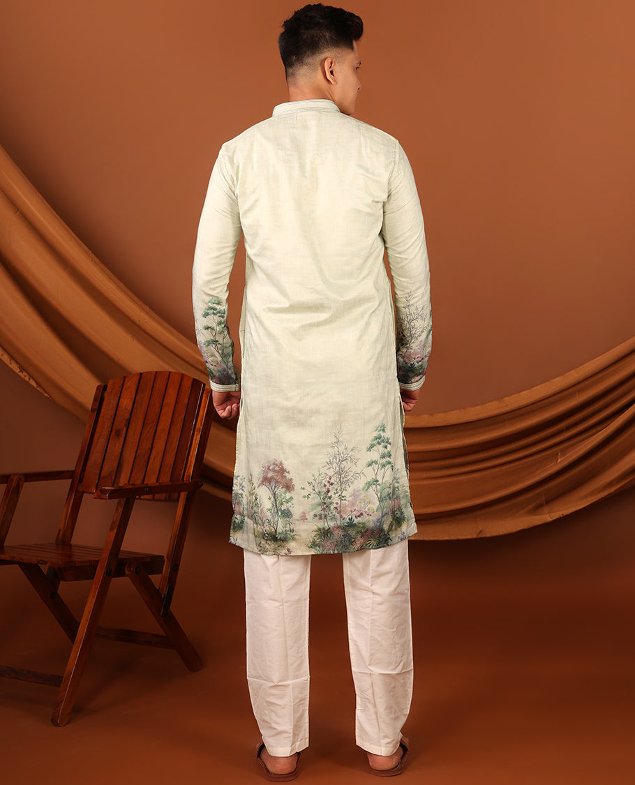 Pastal Green Tropical-Floral-Themed Digital Printed Full-Sleeved Men's Kurta, Comes with Pants