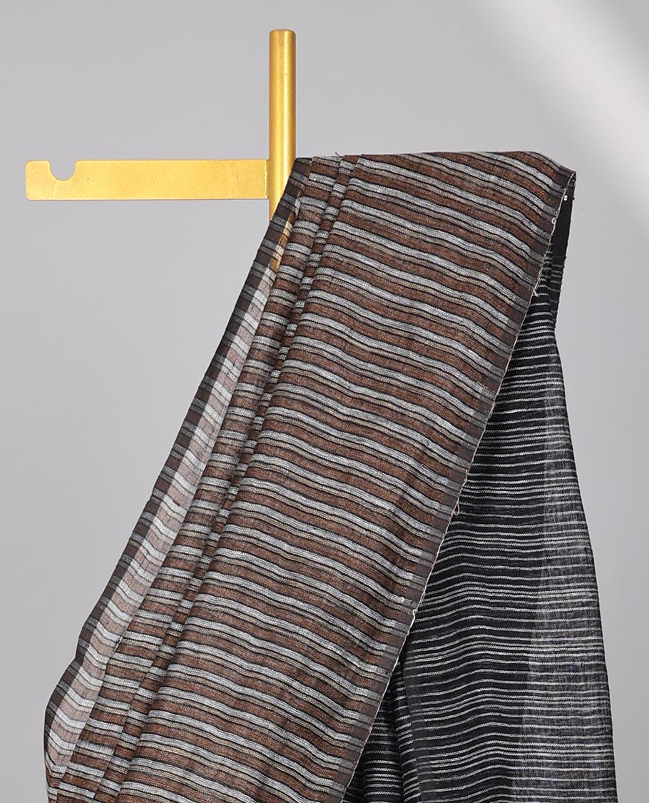 Bordeless black striped linencotton saree with striped pallu