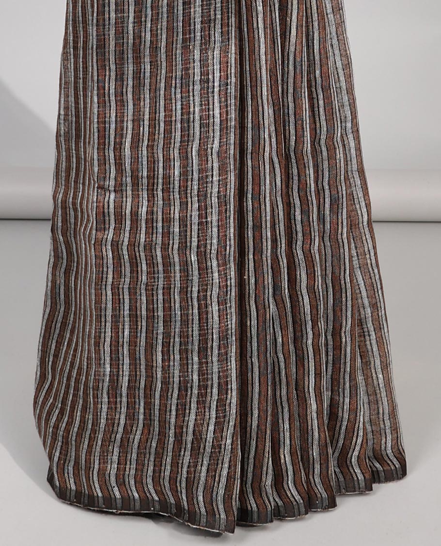 Bordeless black striped linencotton saree with striped pallu