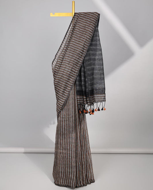 Bordeless black striped linencotton saree with striped pallu