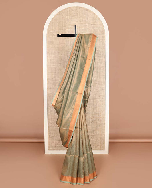 Green plain design linen cotton saree, bavanji zari border, and striped pallu