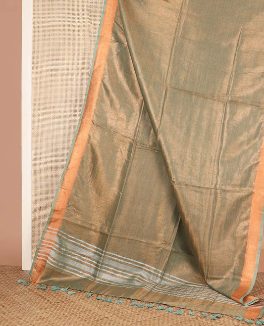 Green plain design linen cotton saree, bavanji zari border, and striped pallu