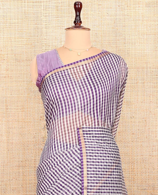 Off-White-base and Purple Maheshwari Cotton Saree, Adorned With Checked Design On Its Body, Subtle Piping Border, Pallu of Zari Stripes and Paired with a Contrast Blouse
