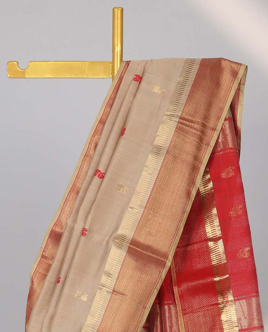 Brown leaf motifs maheshwari cotton saree with contrast intricate zari border & striped leaf, motifs pallu