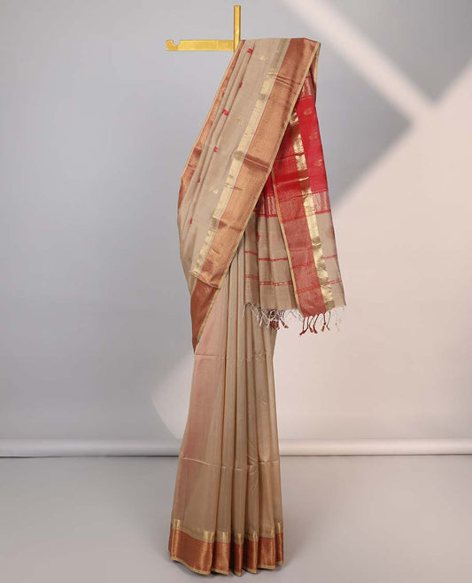 Brown leaf motifs maheshwari cotton saree with contrast intricate zari border & striped leaf, motifs pallu
