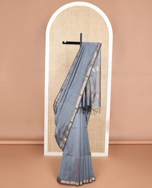 Grey maheshwari cotton saree with self  floral zari design border & striped pallu
