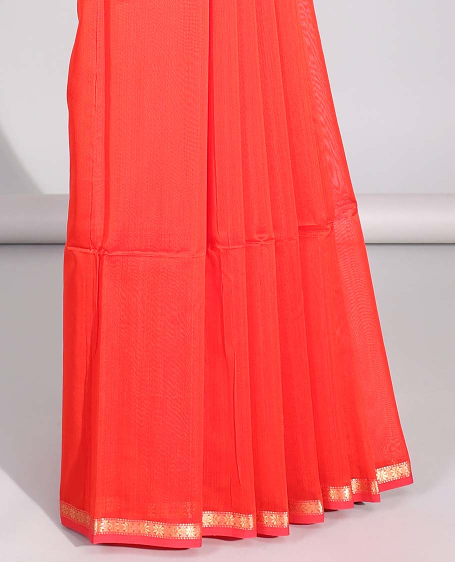 Orange floral motifs maheswari cotton saree with self-zari border & floral motifs pallu