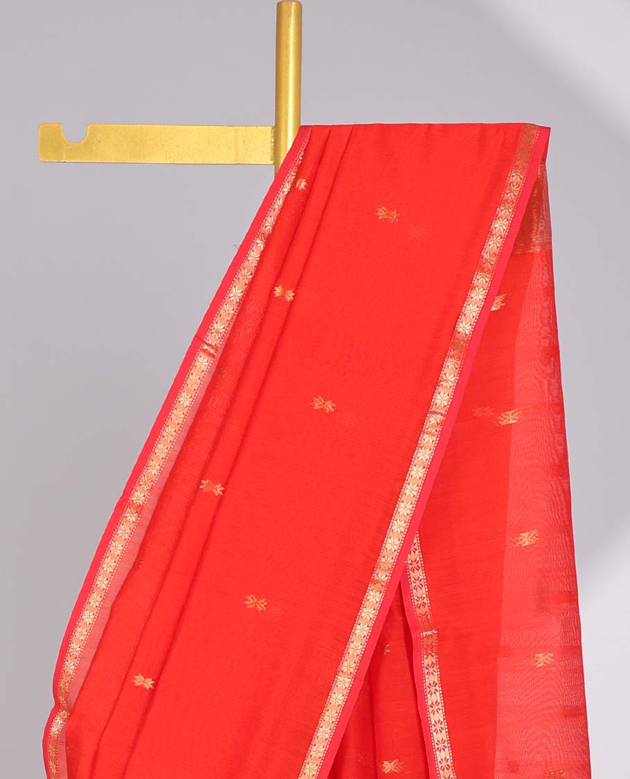 Orange floral motifs maheswari cotton saree with self-zari border & floral motifs pallu