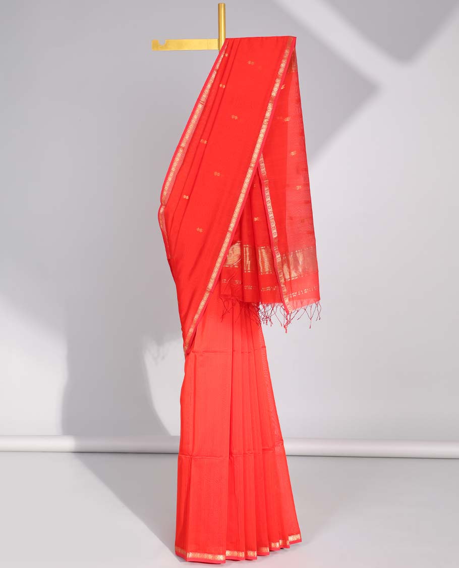 Orange floral motifs maheswari cotton saree with self-zari border & floral motifs pallu