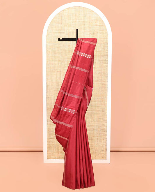 Borderless Maroon Mayuri Soft Silk Saree, Beautified with Buttas and Stripes All Over Its Body, Complemented by Contrast Pallu of Vanki Designs, and Paired with Matching Blouse