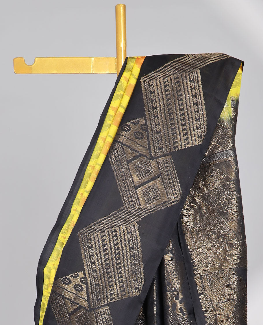 Yellow ikkat style floral vine design soft silk saree with contrast zari border & geometric zari design pallu