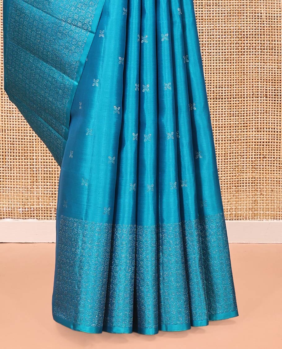Blue Mayuri Soft Silk Saree, Sparsely Woven with Zari Buttas All Over Its Body, Subtly Woven Border of Zari Designs, Grand Pallu and Paired with a Matching Blouse