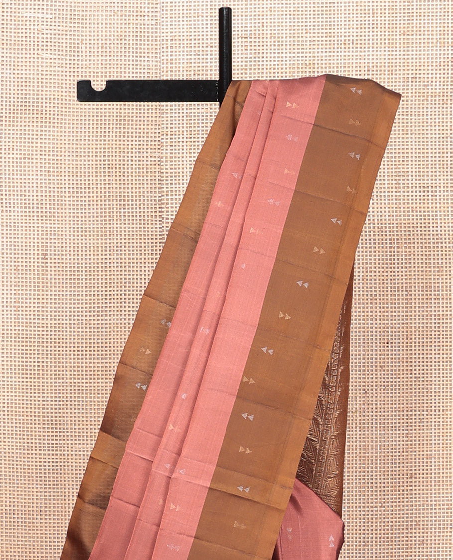 Peach Mayuri Lite Silk Mix Saree, Ornamented with Triangle Zari Buttas, Complemented By Contrast Border of Triangle Buttas, a Leaf Vine Pallu, and a Contrast Blouse