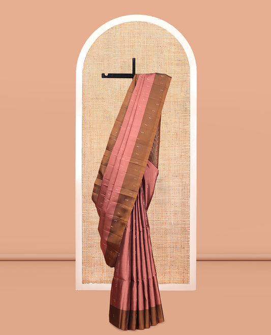 Peach Mayuri Lite Silk Mix Saree, Ornamented with Triangle Zari Buttas, Complemented By Contrast Border of Triangle Buttas, a Leaf Vine Pallu, and a Contrast Blouse