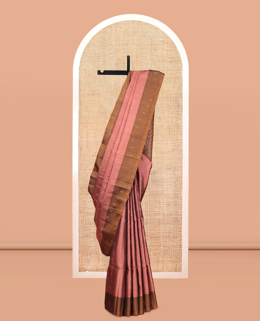 Peach Mayuri Lite Silk Mix Saree, Ornamented with Triangle Zari Buttas, Complemented By Contrast Border of Triangle Buttas, a Leaf Vine Pallu, and a Contrast Blouse