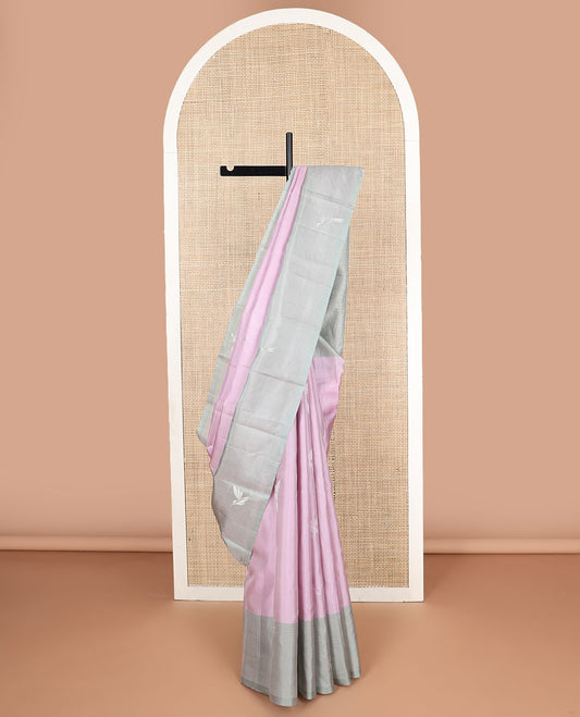 baby pink motifs mayuri soft silk saree with contrast checked, bird design border & intricate zari design pallu