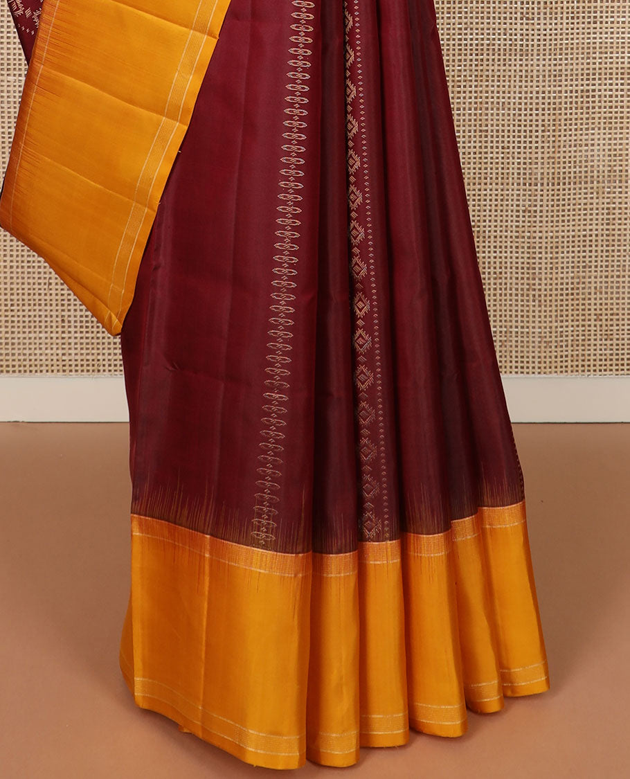 Maroon geometric patterned soft silk saree, contrast rettai pettu border & pallu of geometric designs