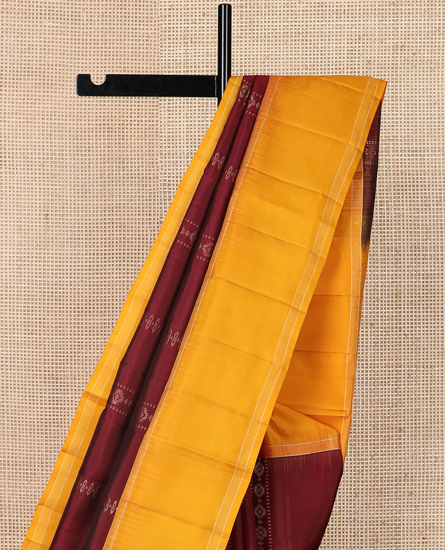 Maroon geometric patterned soft silk saree, contrast rettai pettu border & pallu of geometric designs