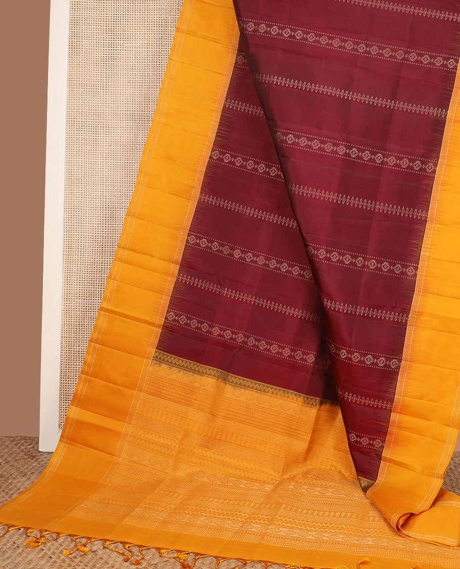 Maroon geometric patterned soft silk saree, contrast rettai pettu border & pallu of geometric designs
