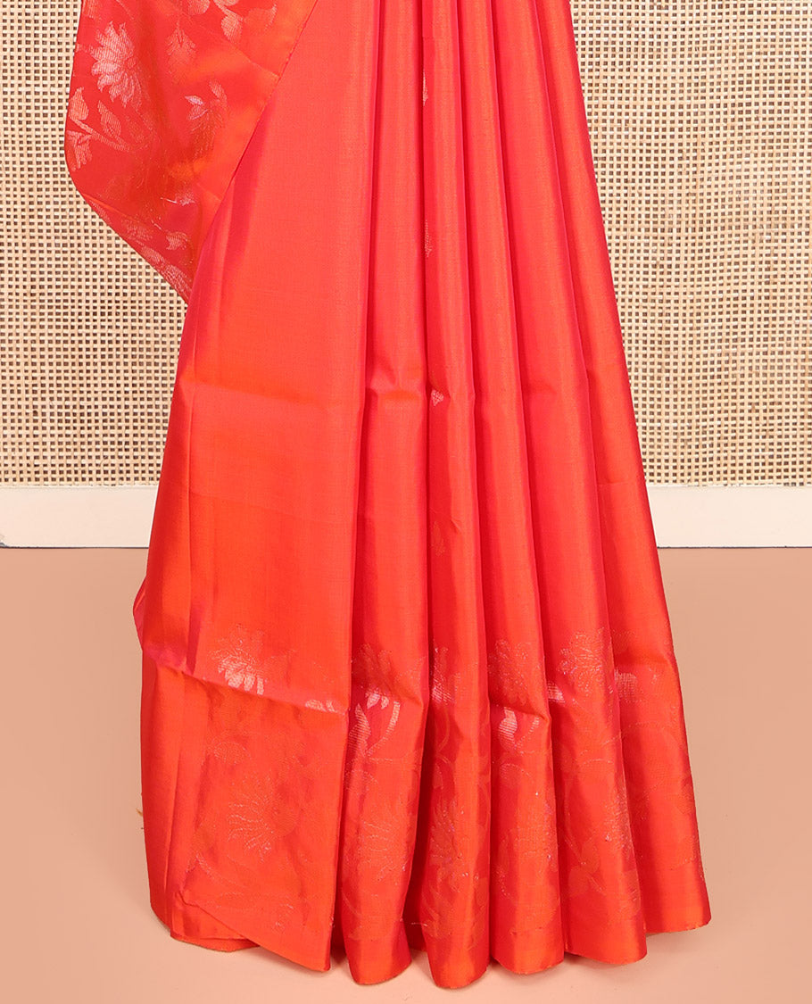 Orange Mayuri Lite Silk Mix Saree, Sparsely Threaded with Zari Buttas, a Subtle Floral Jaal Border, Pallu of Floral Jaal Design, and a Matching Blouse