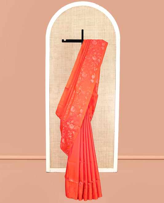 Orange Mayuri Lite Silk Mix Saree, Sparsely Threaded with Zari Buttas, a Subtle Floral Jaal Border, Pallu of Floral Jaal Design, and a Matching Blouse